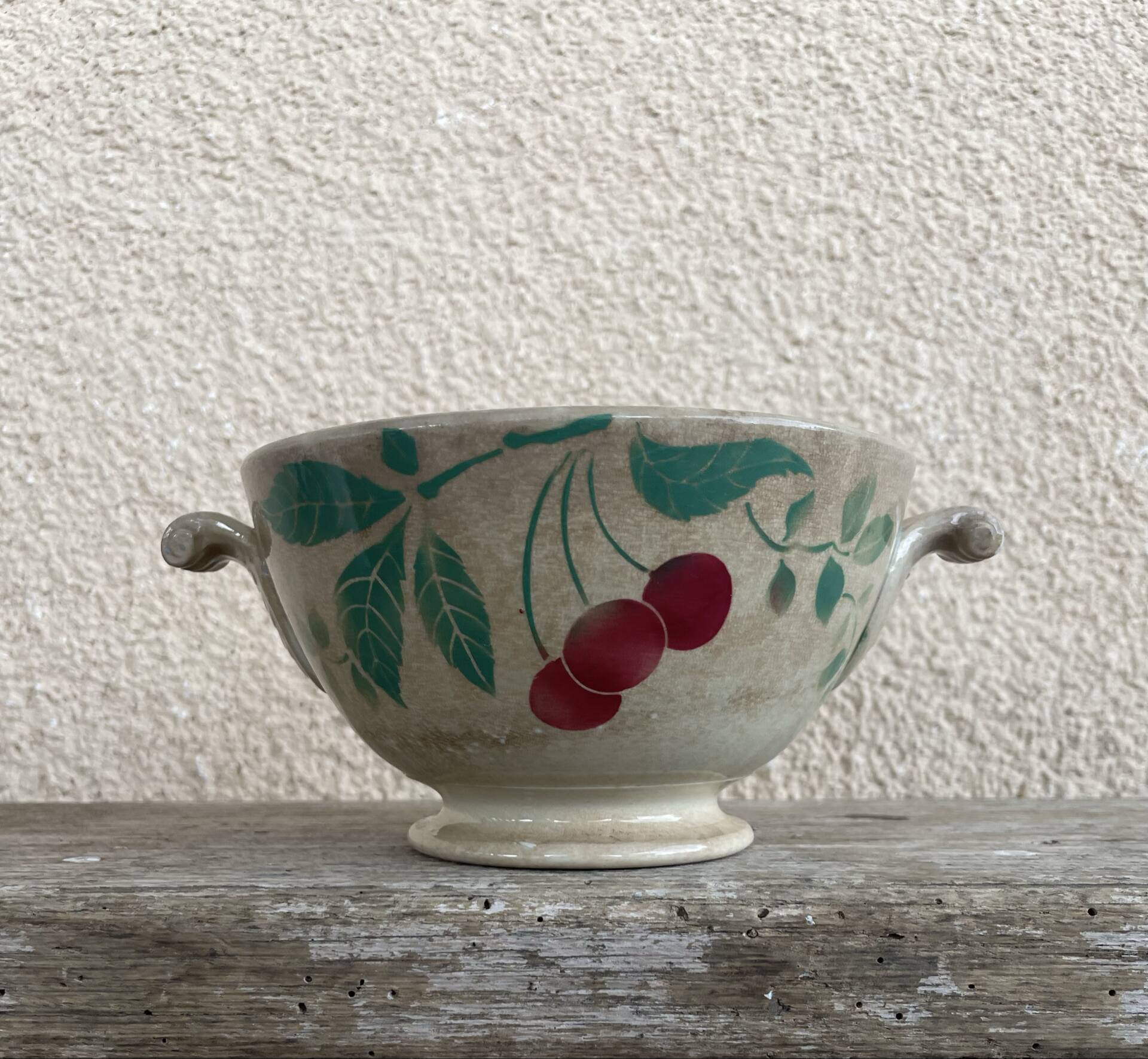 Earthenware bowl, café au lait bowl, antique, France, cherries.