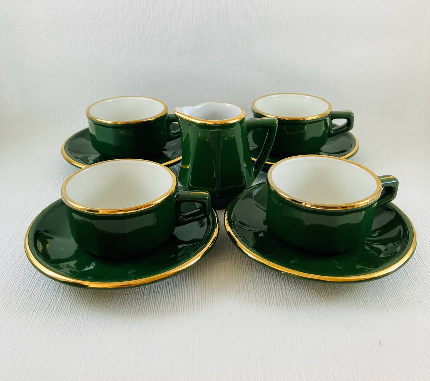 Bistro Coffee Service Cups Saucers and Green Faceted Milk Jug