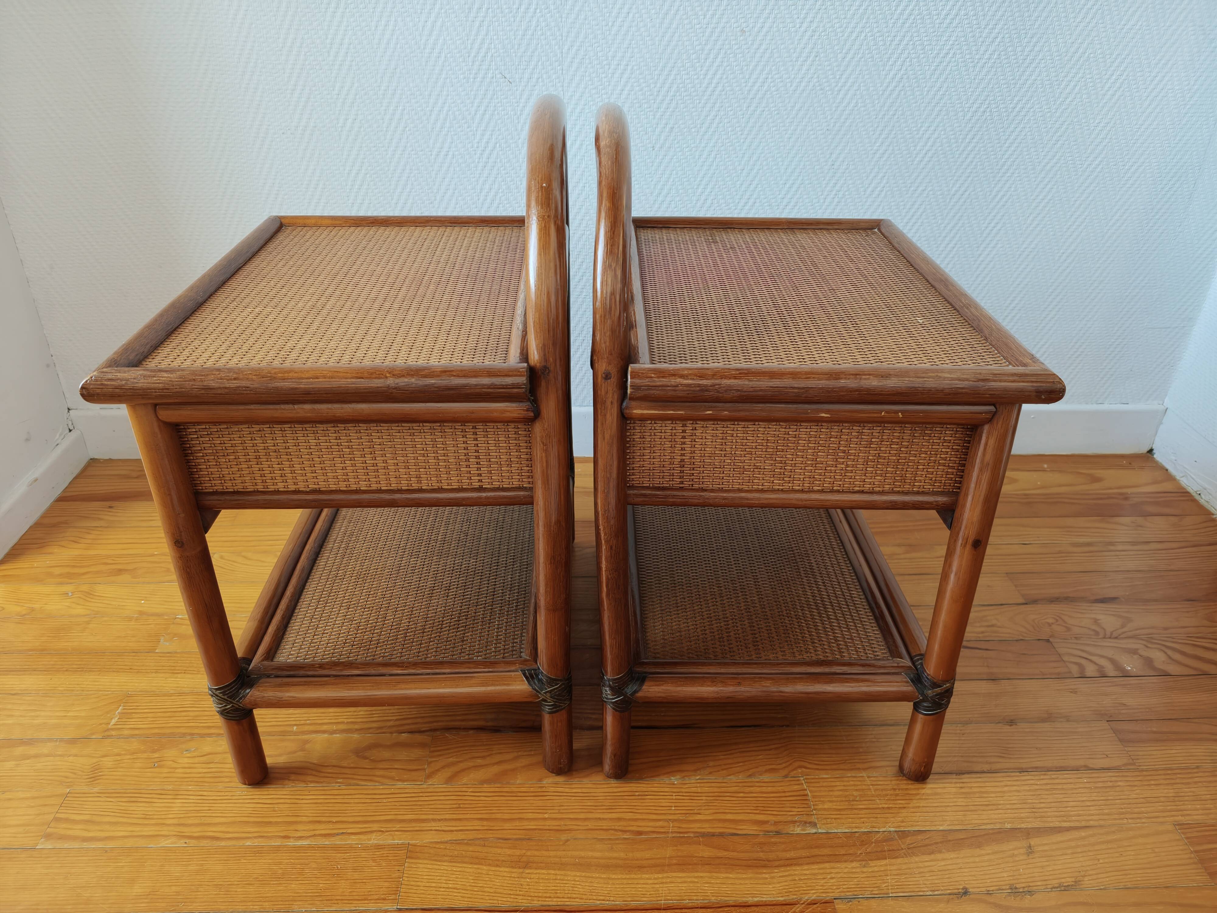 Pair of vintage rattan and cane bedside tables, 1970s