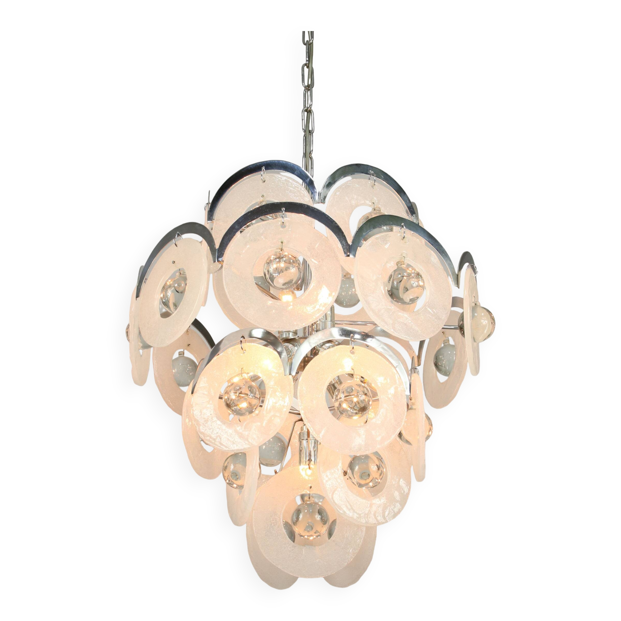 Lustre vintage en verre de murano par vistosi avec 27 disques / italie des années 60 / design italien de l'ère spatiale