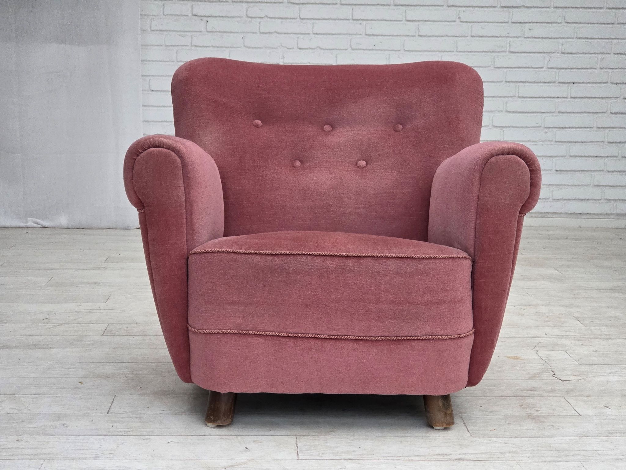 1960s, Danish relax armchair, furniture velour, oak wood.