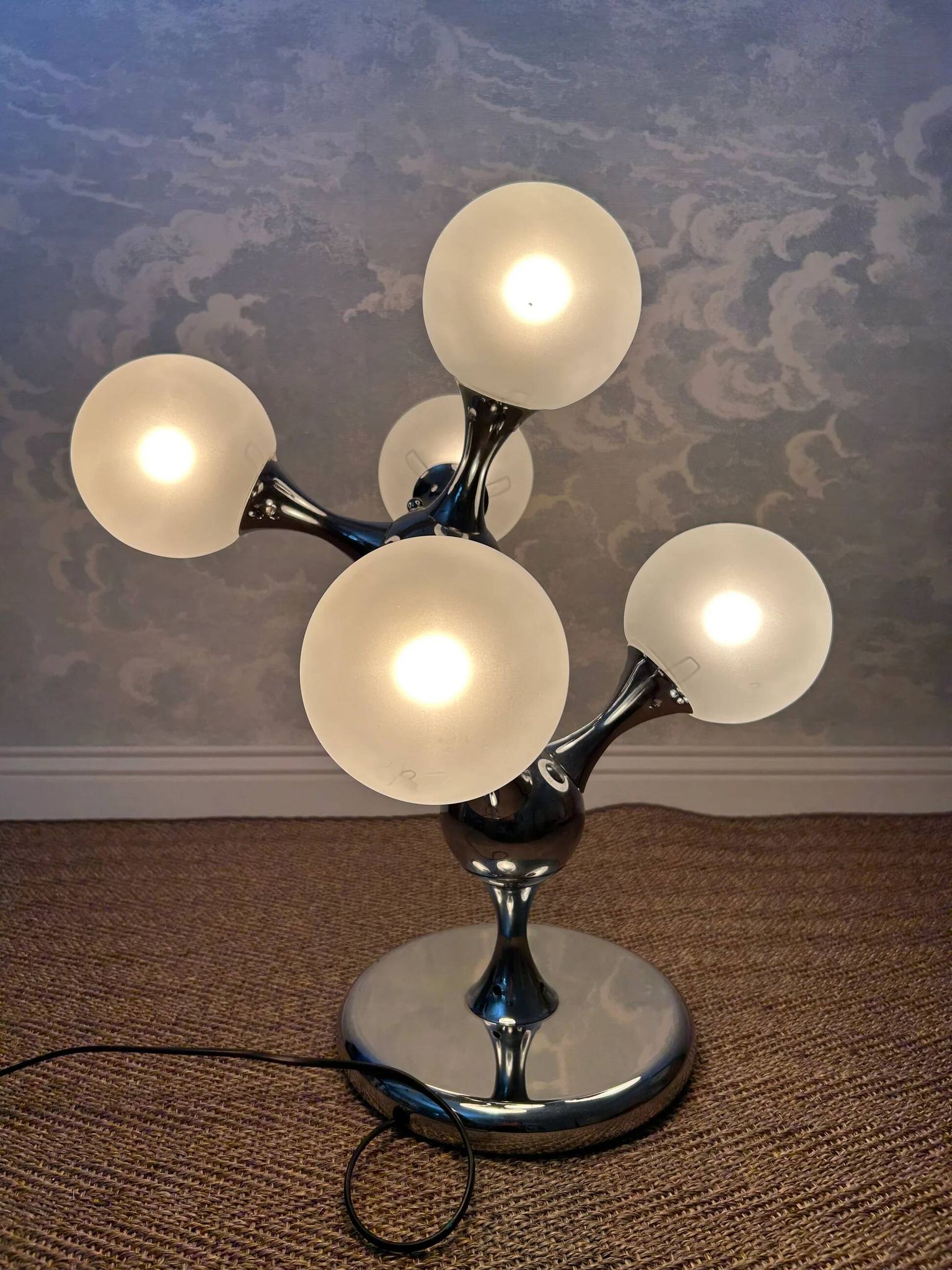 Unique table lamp with a chrome frame and opaque glass globes, 1970s, Space Age, Atomic Age, Sputnik
