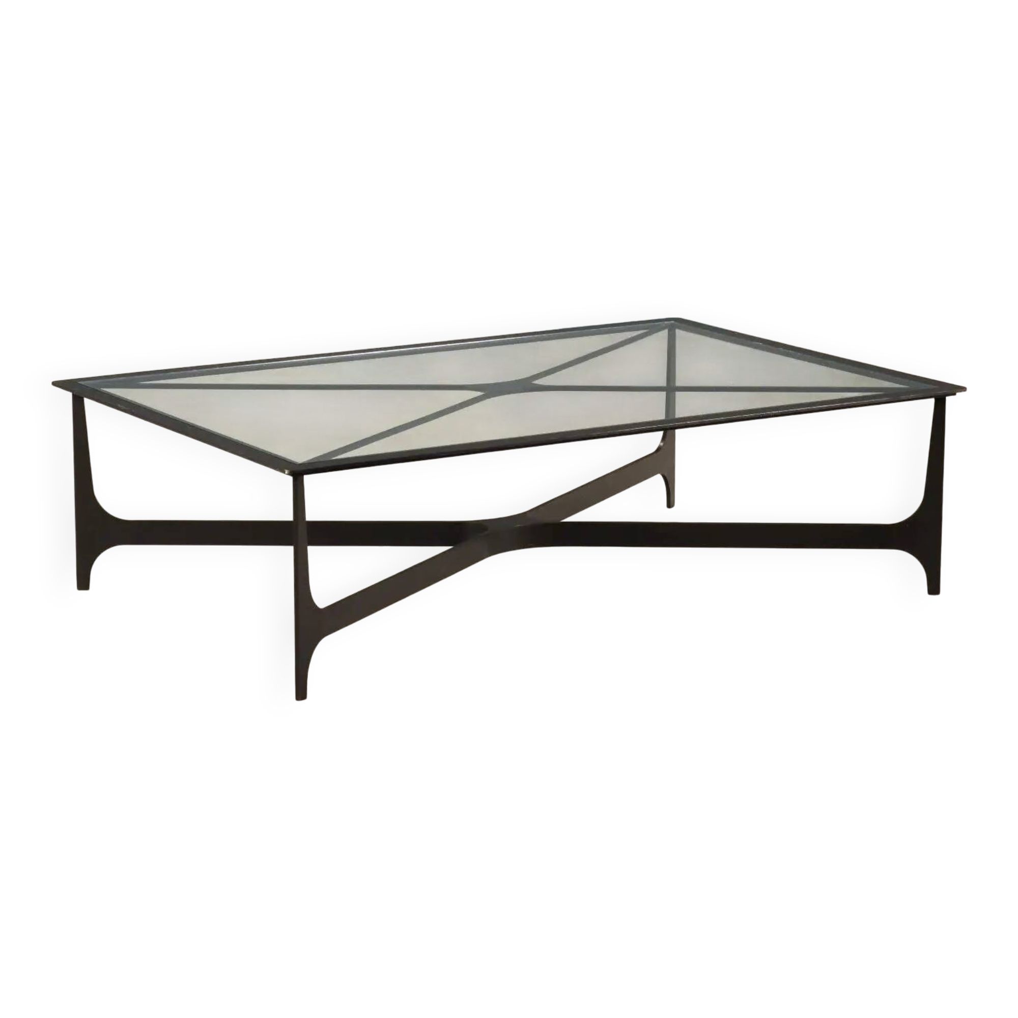 Small antique coffee table in black lacquered iron and glass, Italy, 20th century.