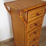 Semainier 6 tiroirs en bois, bambou et rotin tressé, années 60