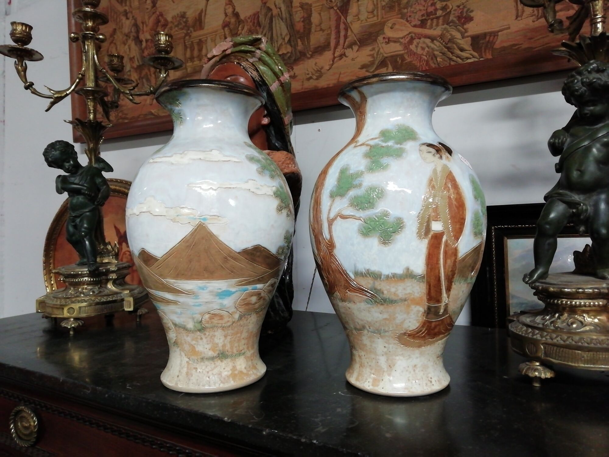 Pair of vases signed Losson in Sandstone decoration Japonisant