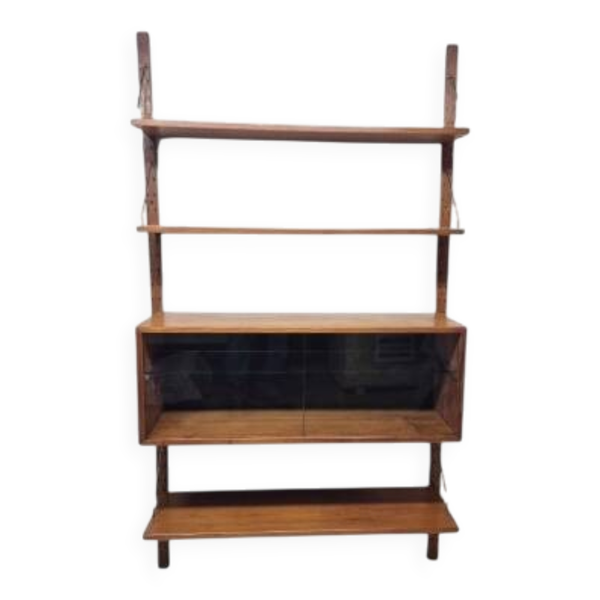 Teak shelving system with glass cabinet, marked made in Denmark, 1960.