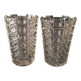 Paire de grands vases en verre pressé avec motifs géométriques par Sklo Uni