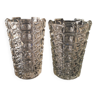 Paire de grands vases en verre pressé avec motifs géométriques par Sklo Uni