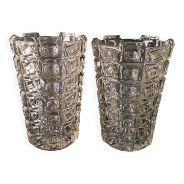 Pair of large pressed glass vases with geometric patterns by Sklo Uni