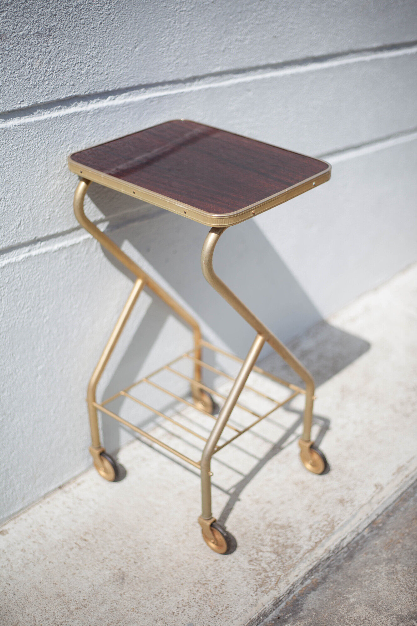 Metal wheeled tray with formica top, vintage wheeled cabinet, vintage side table