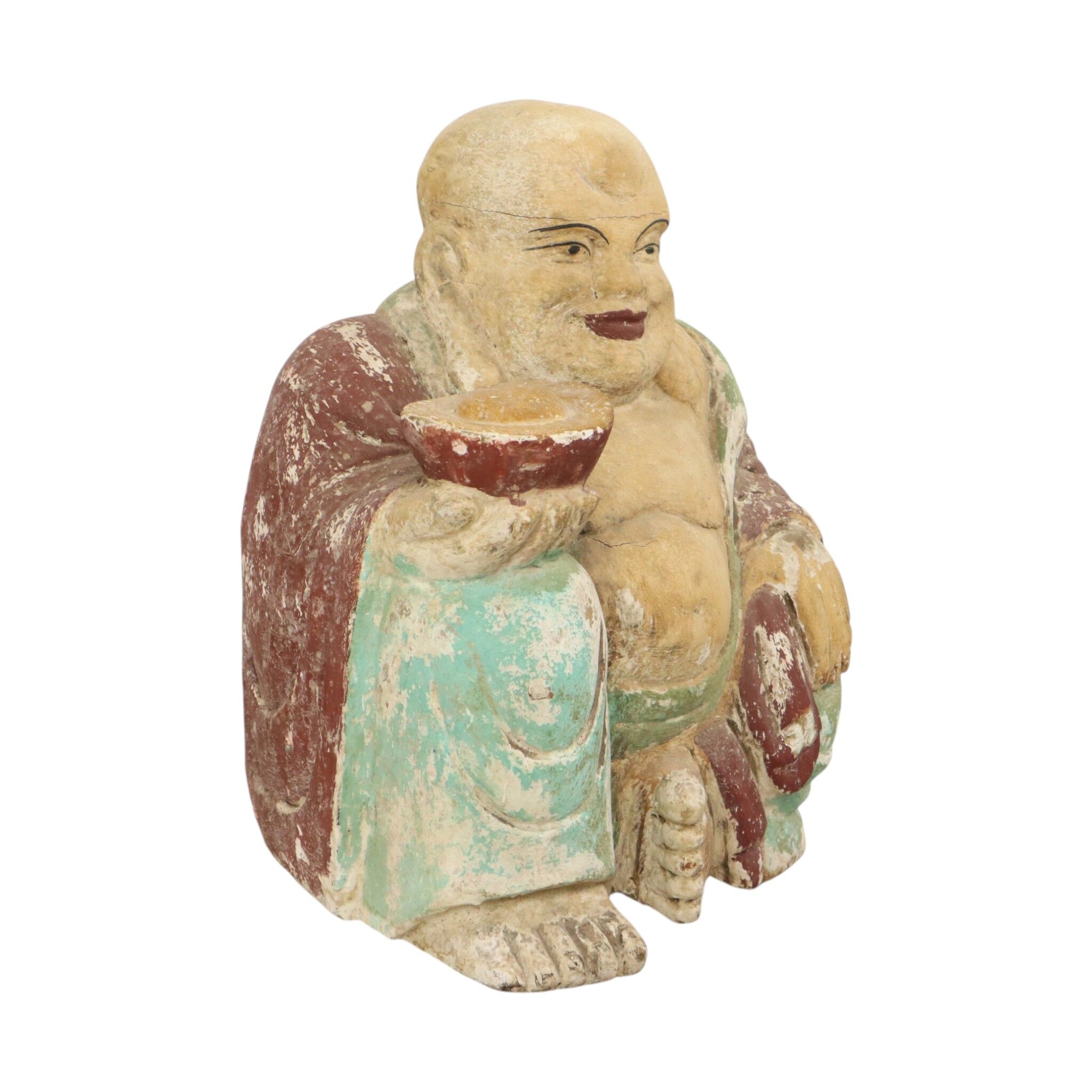 Large XL Polychrome Wooden Laughing Buddha Statue 47 cm