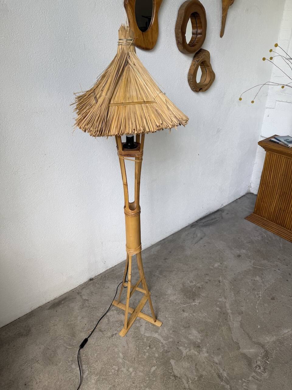 Bamboo and straw floor lamp 1980