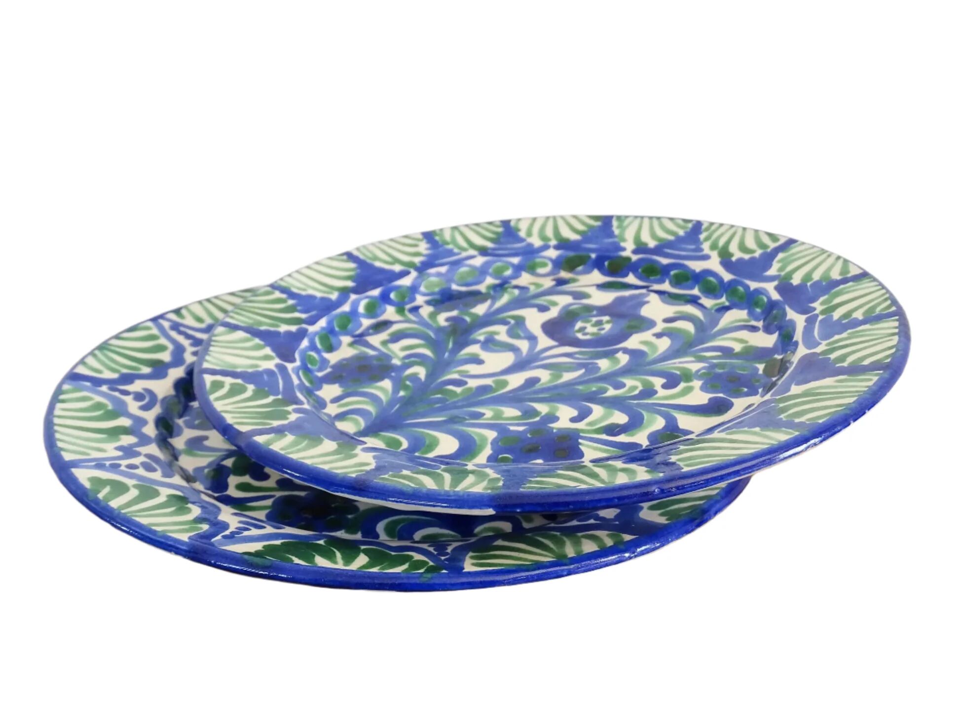 Paire d'assiettes vintage espagnoles en faïence Fajalauza, vertes et bleues.
