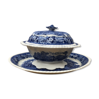 Old soup bowl + tray staffordshire ceramic white decoration vintage blue
