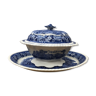 Ancienne soupière + plateau staffordshire céramique blanc décor bleu vintage