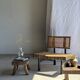 Small stool, rectangular solid teak side table with curved legs.