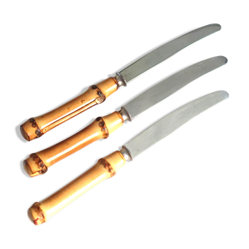 Set de 3 couteaux tartines avec manches bambou, années 60