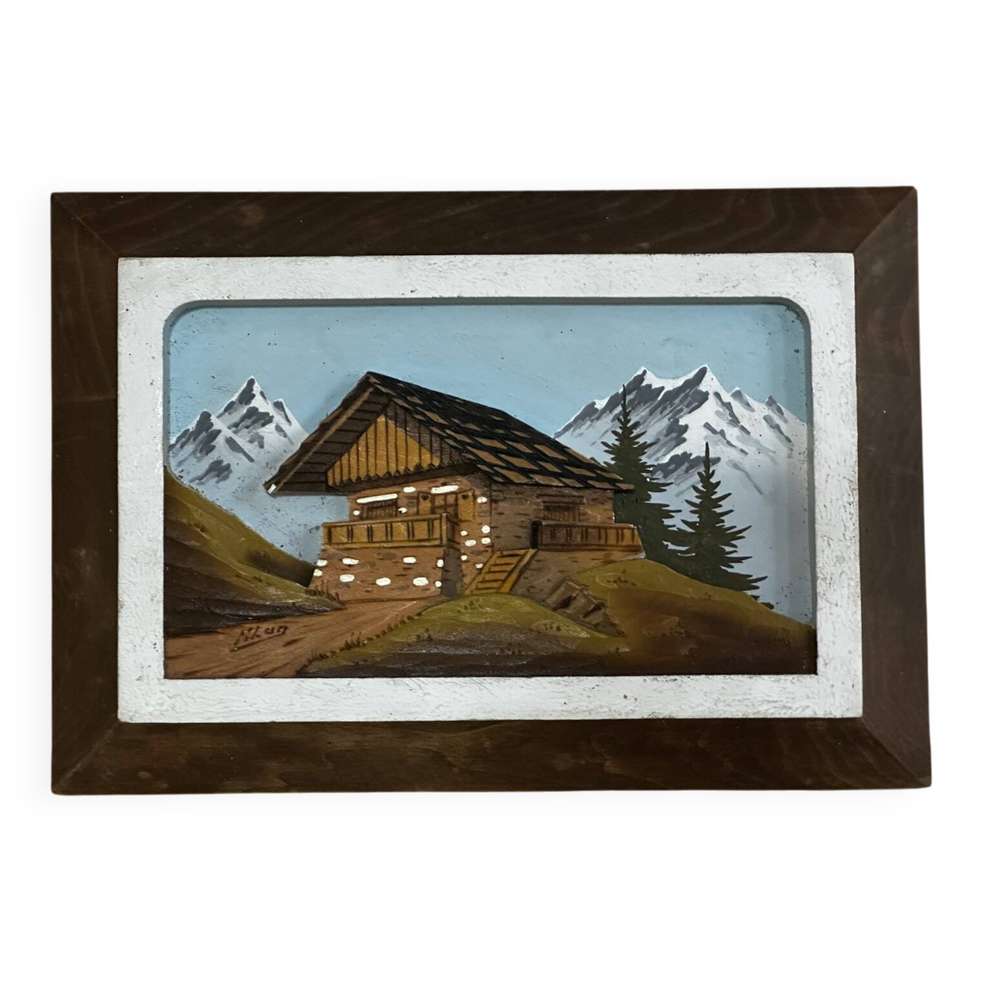 Vintage Alpine Table, Carved and Painted Wood - Signed - H 18 / L 25 cm