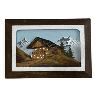 Vintage Alpine Table, Carved and Painted Wood - Signed - H 18 / L 25 cm