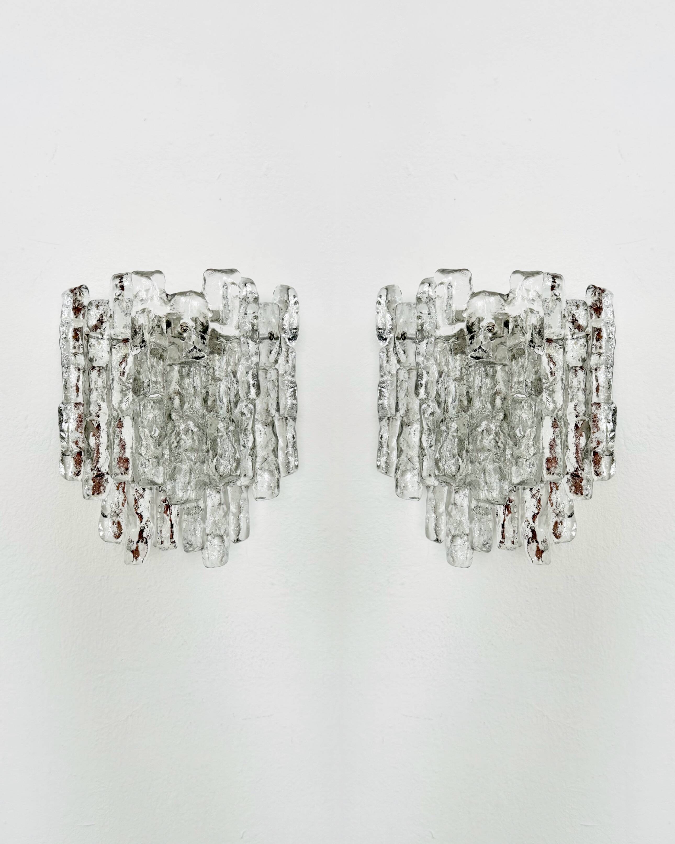 Set of 2 Austrian Ice Glass Wall Lamps by J.T. Kalmar