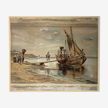 2201039 Watercolor Return from fishing in Portugal signed early twentieth century