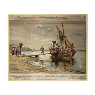 2201039 Watercolor Return from fishing in Portugal signed early twentieth century