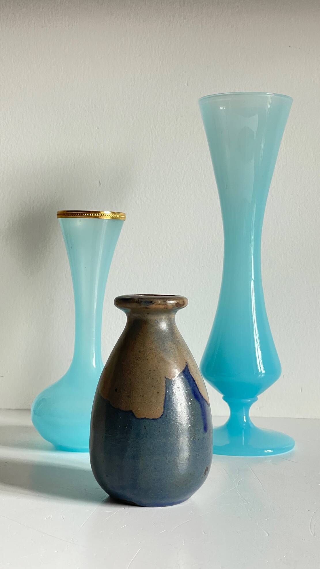 3 VASES Bleu Océan Grès et Verre OPALIN Vintage