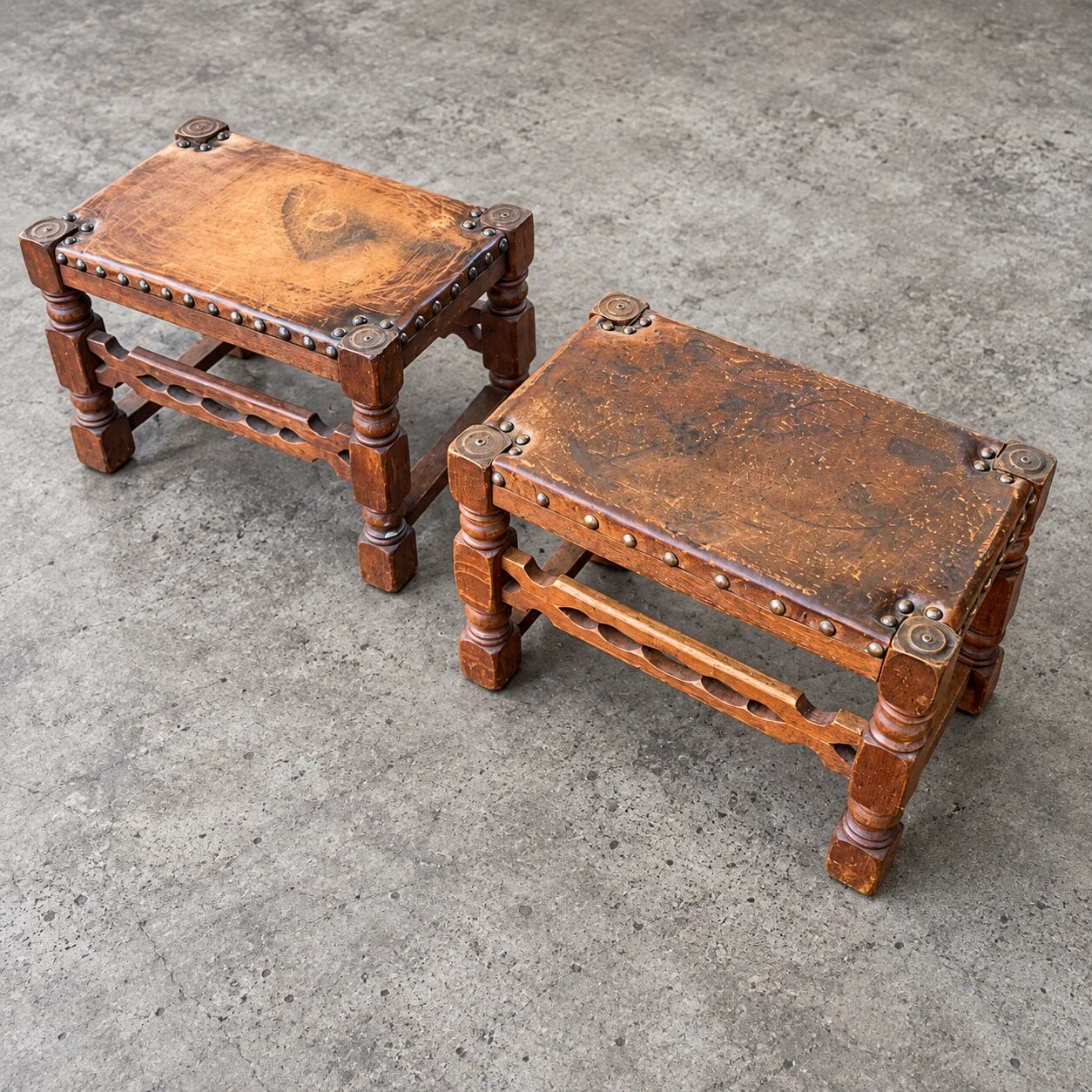 2 x Spanish footstool / wood leather / medieval-style / 1920s