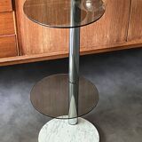 70s pedestal table in chromed metal, smoked glass and marble