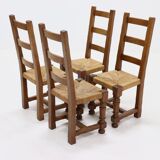 Set of 4 French Oak and Rush Ladder Back Dining Chairs 1950s