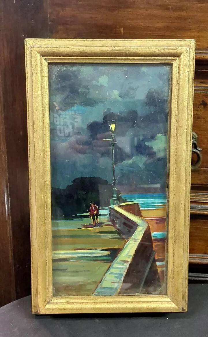 Peinture à l'huile sur isorel - Livourne 1975 la nuit MagnifiquePeinture à l'huile sur isorel - Livo