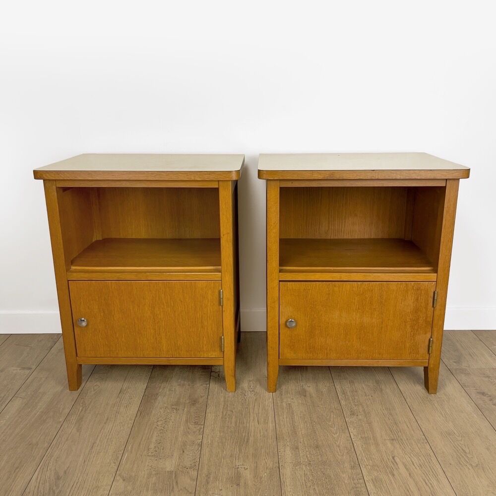 Pair of bedside tables blond wood and vinyl Jantzi 1966