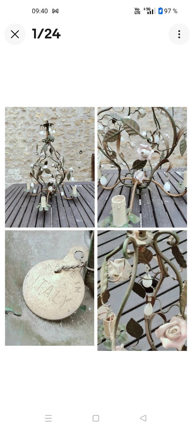 Italian cage chandelier decorated with ceramic roses and glass paste pendants