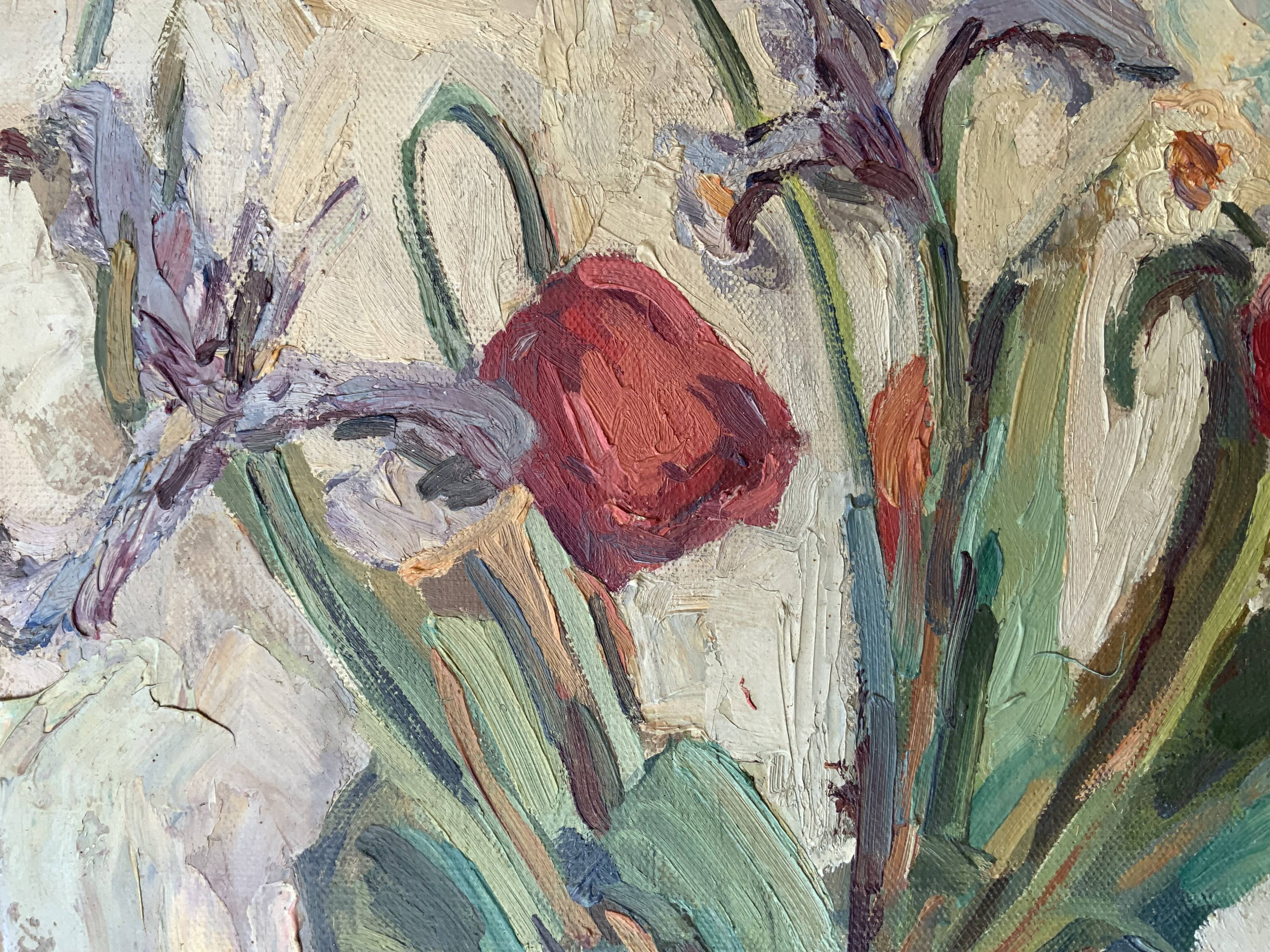 Vintage Still life with Tulips and apple, Oil Painting signed by M. Jonsson