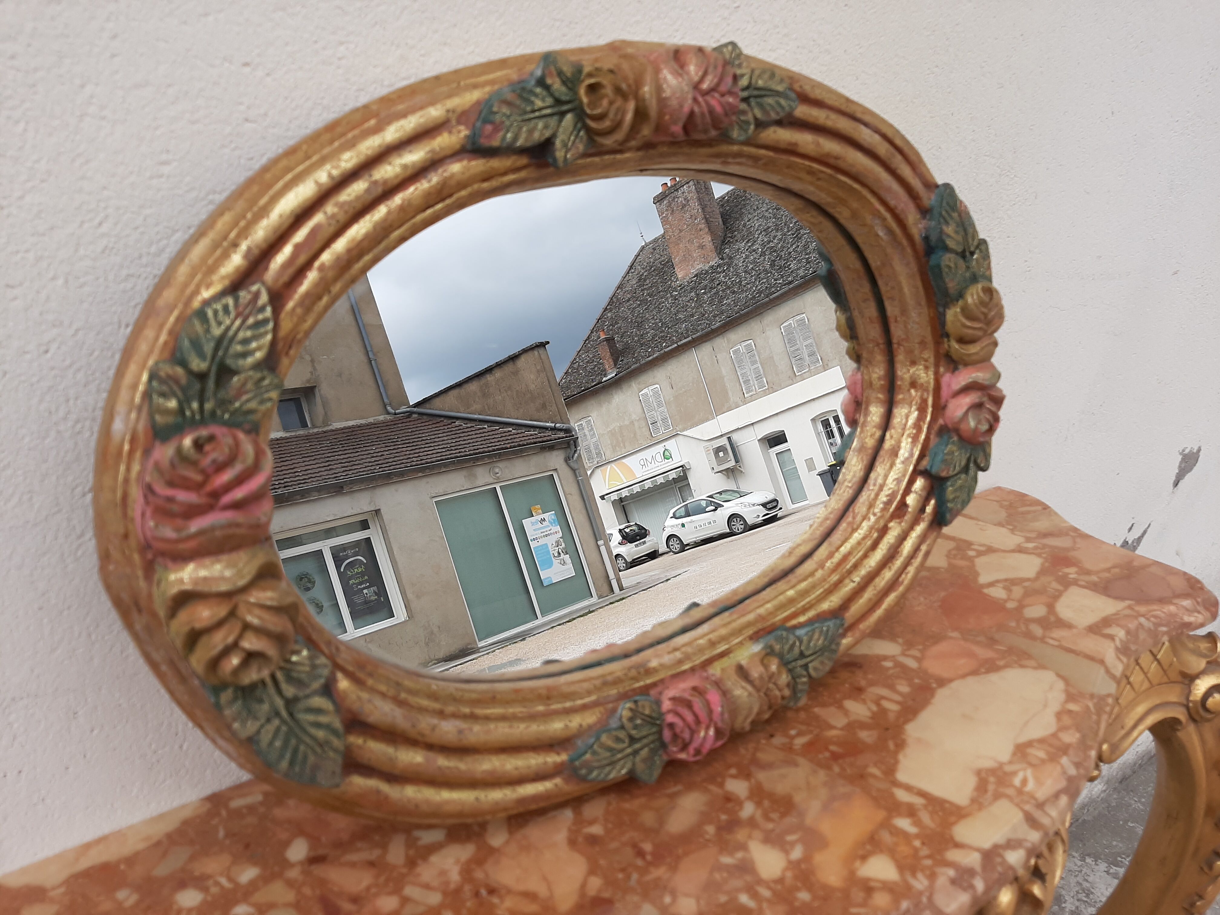 Miroir fleuris bois doré