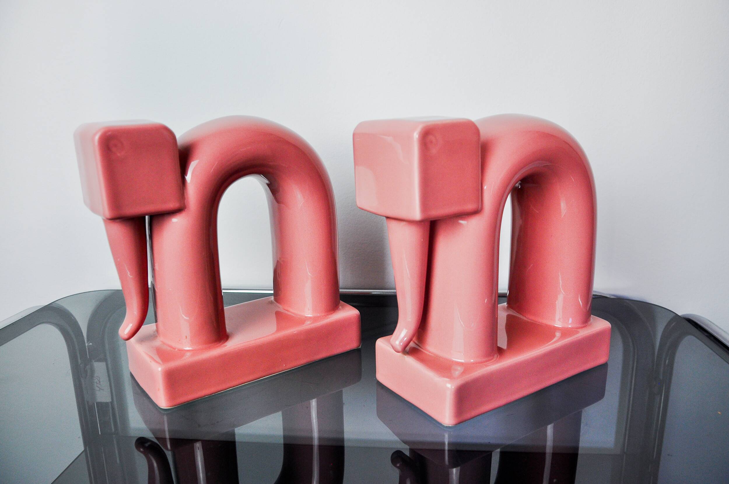 Pair of pink elephants by Guadalupe Coronado, Bookends, ceramic, Spain, 1980