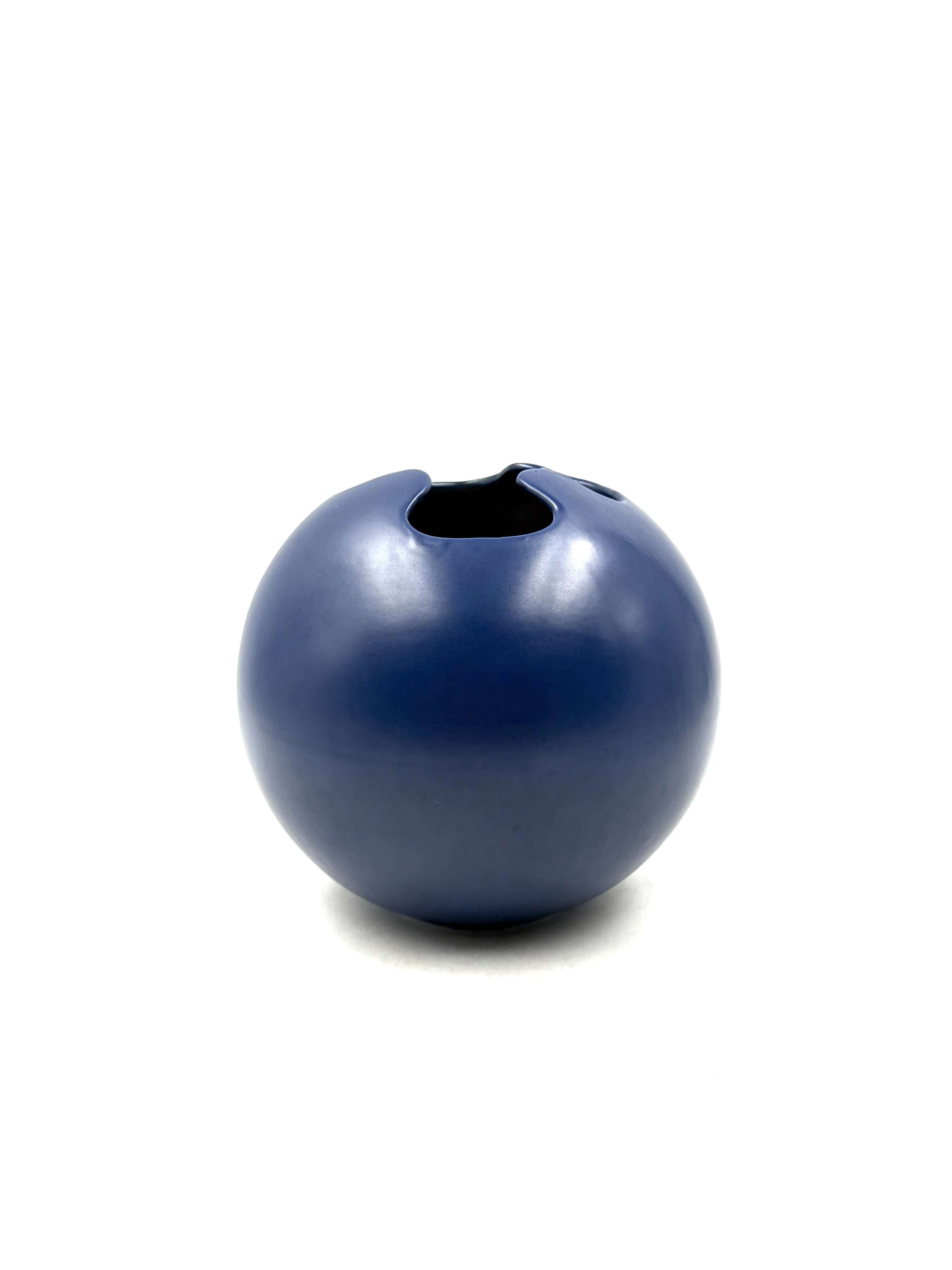 Modern blue spherical ceramic vase, Italy 1970