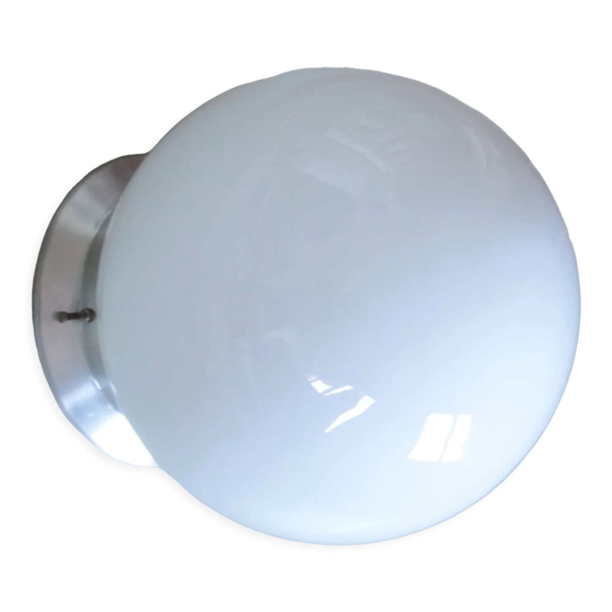 Applique murale ou plafonnier ancien globe en verre opaline blanc base aluminium 1950 1960 vintage
