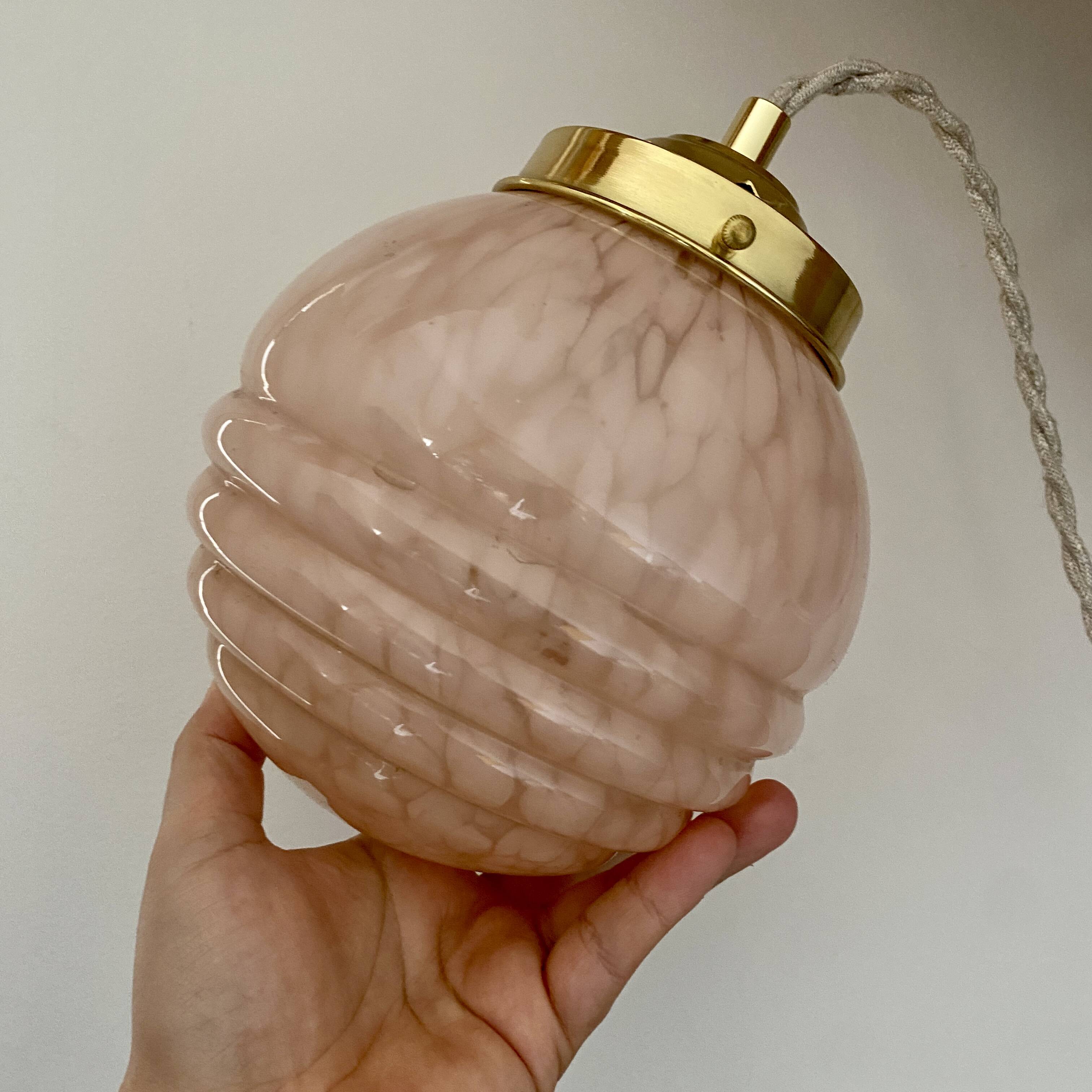 Vintage art deco globe pendant light in pink and gold Clichy glass