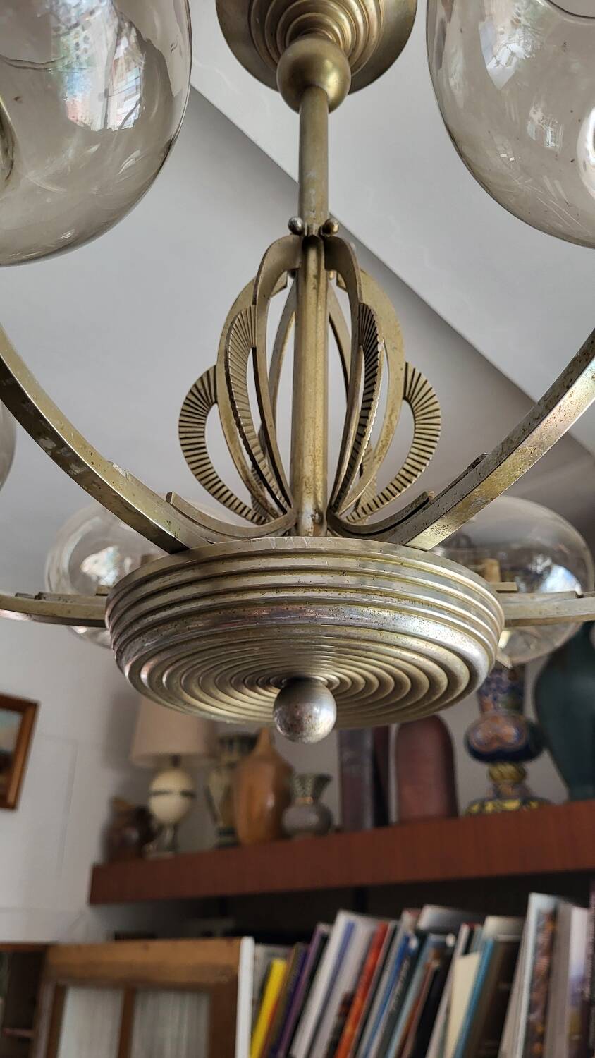 Lustre Art déco en métal et verre teinté