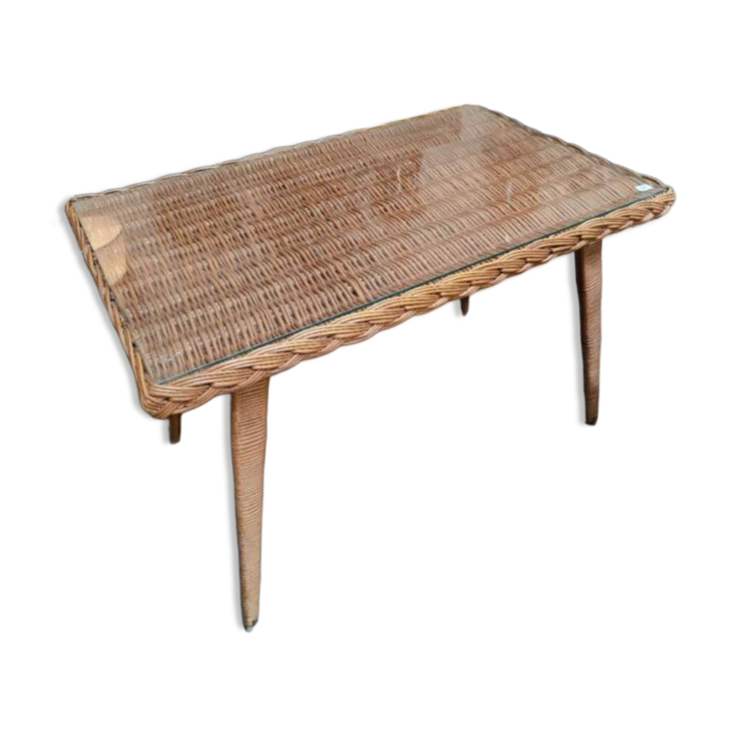 Vintage rattan coffee table with glass top