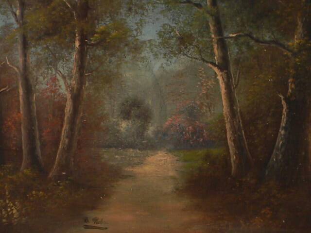 Old signed landscape painting under wood.