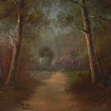 Peinture ancienne paysage sous bois signé.