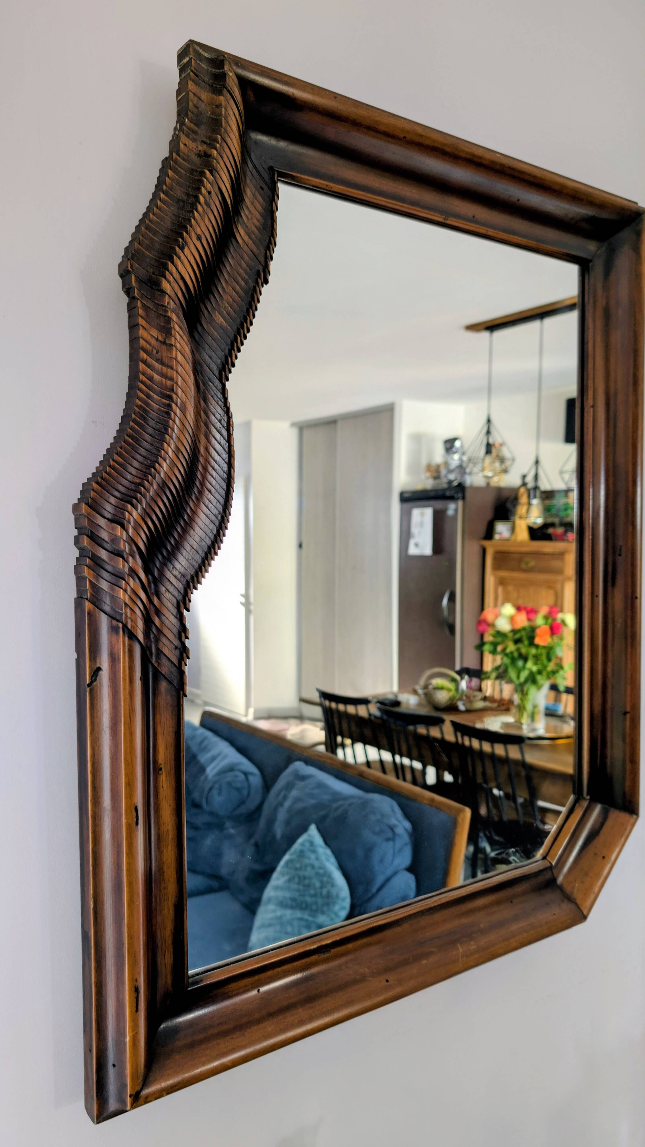 Large wooden wall mirror - wavy carving and natural patina