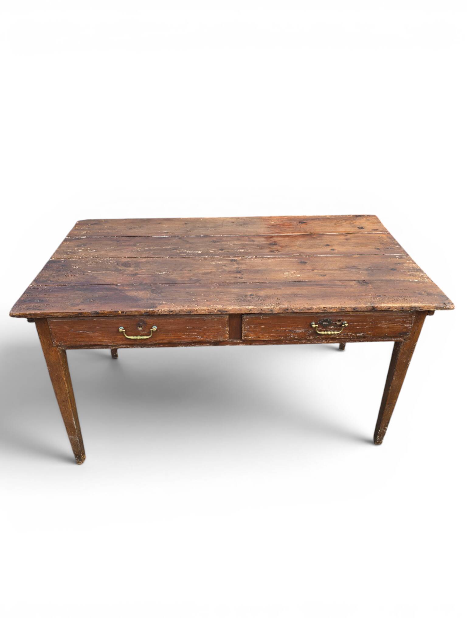 Ancienne table de ferme en bois massif à deux tiroirs