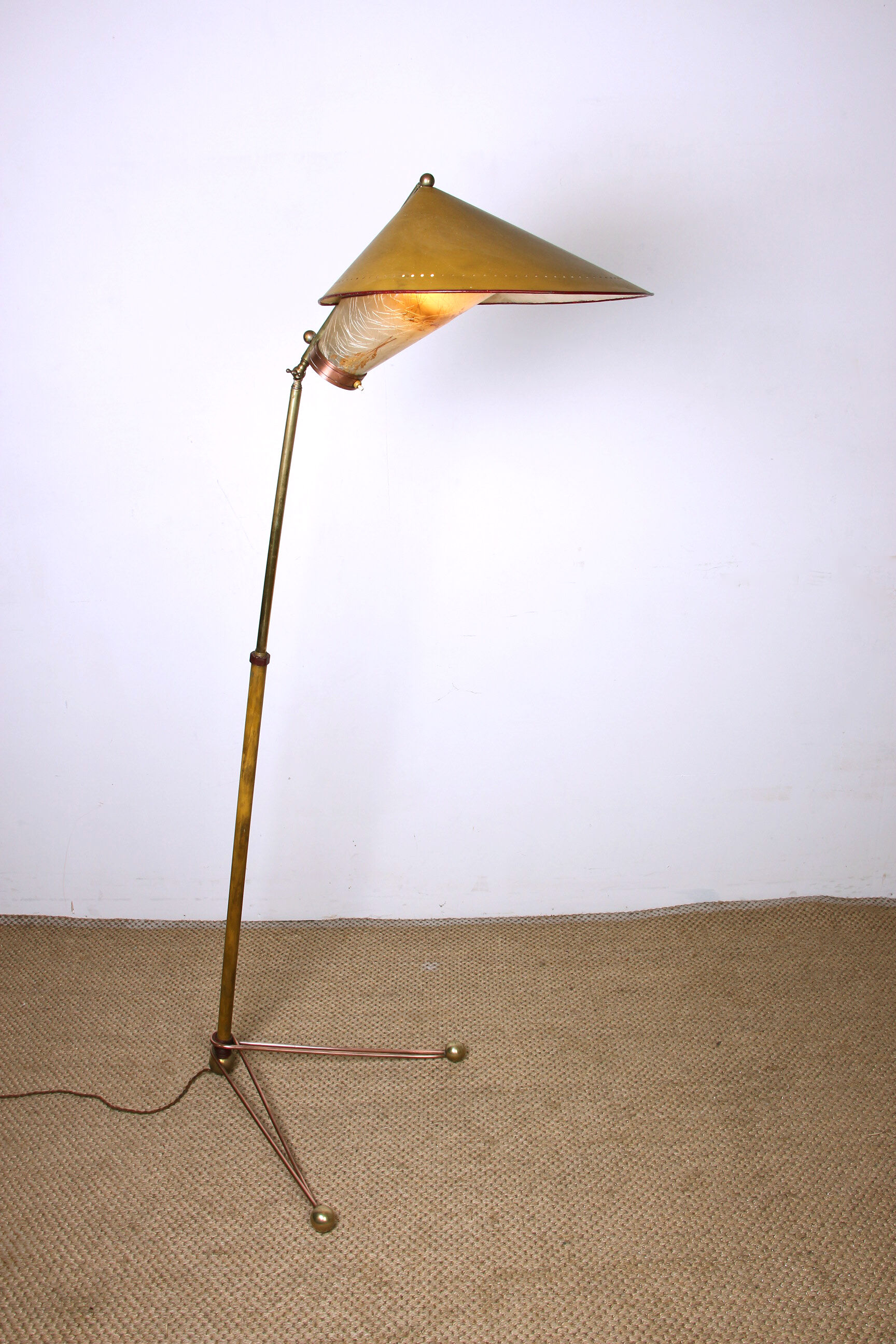 Italian brass floor lamp with conical shaft, adjustable in tilt and height, 1950