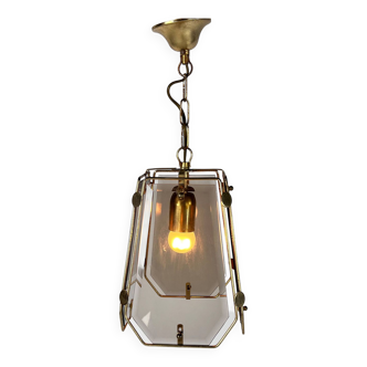 French Brass and Smoked Glass Hal Pendant, 1970s