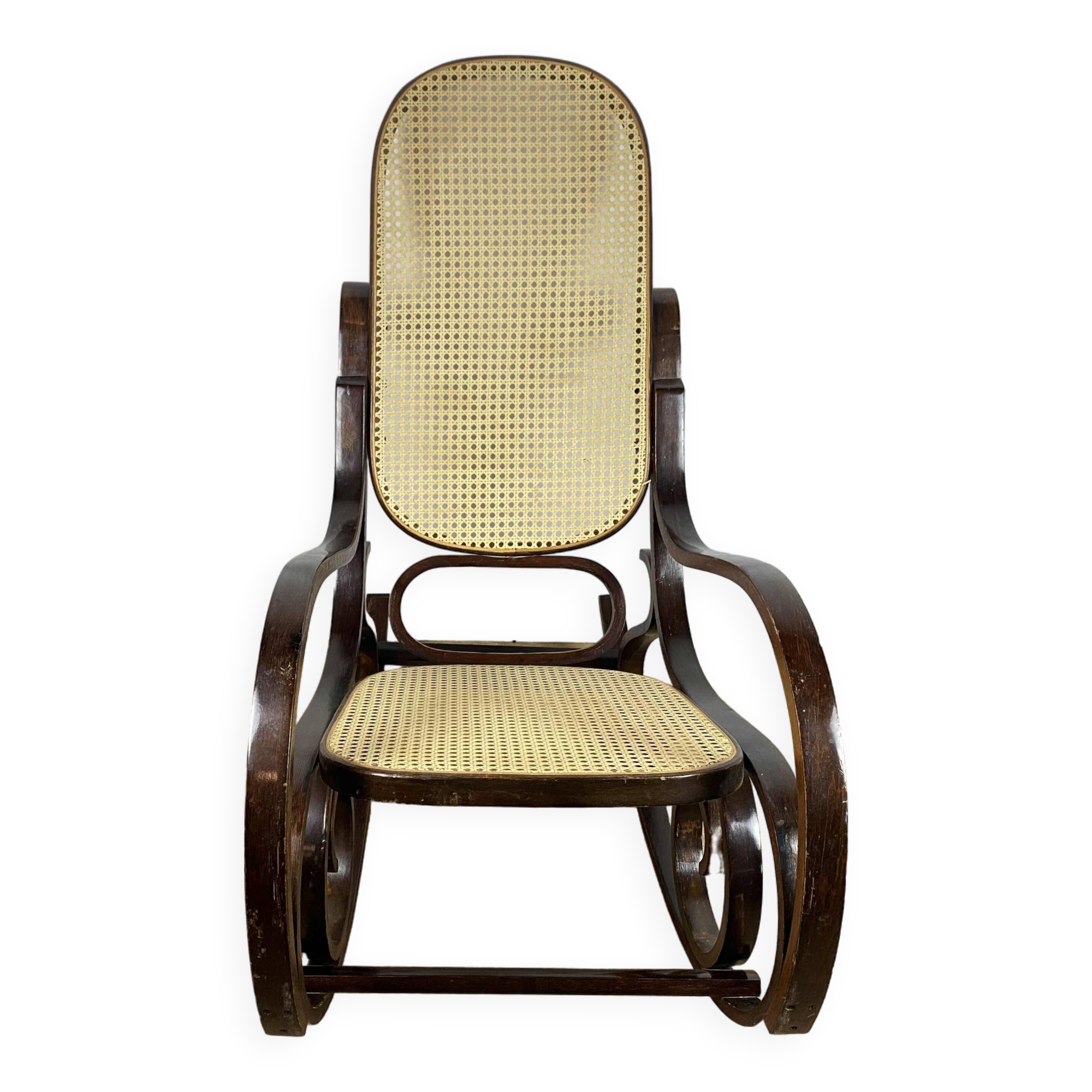 Rocking Chair in wood and canework, vintage 1970s