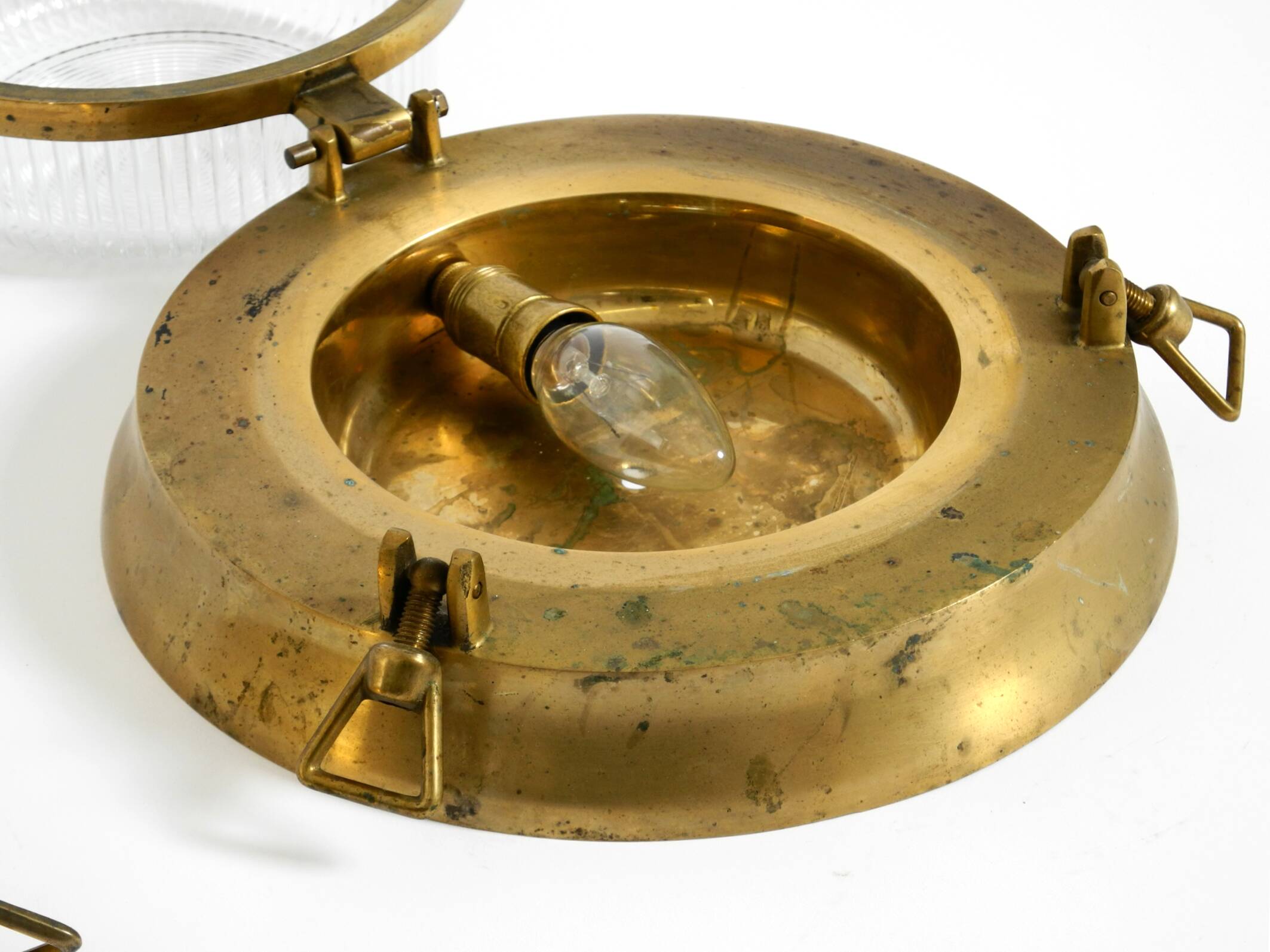 A pair of large, heavy 50s maritime ship wall lamps made of brass and glass