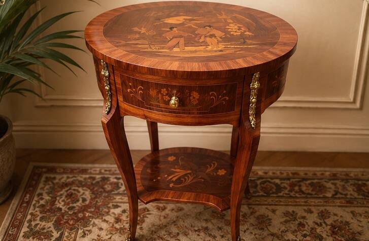 Vintage side table inlaid with Asian motifs and gilded bronze.